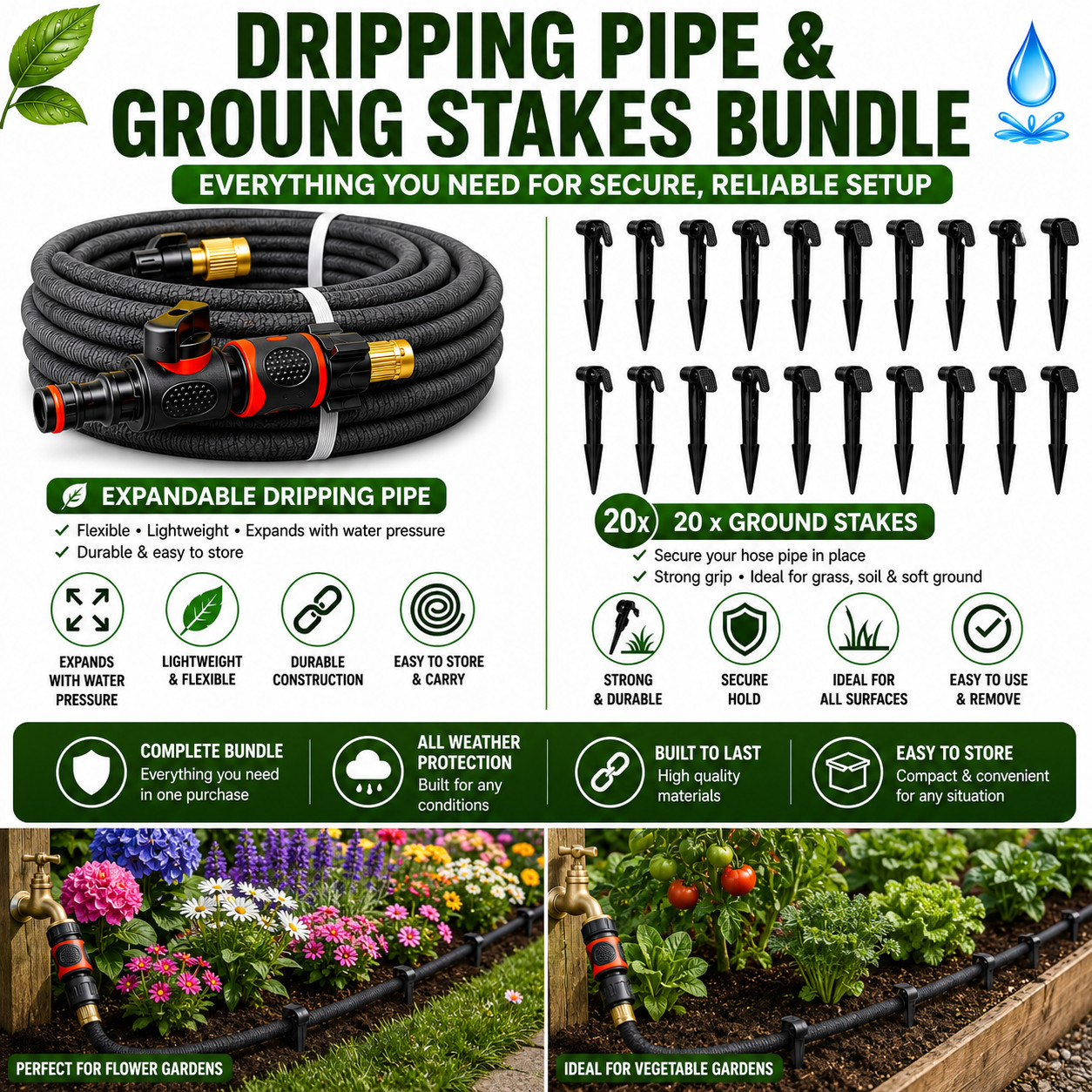 Garden Irrigation Porous Pipe/Seep Hose With 20 Ground Stakes+Flow Control Valve