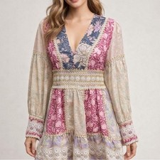 Floral Lace Paneled Tiered Mini Dress Size S V Neck Romantic Boho Cottage