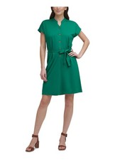CALVIN KLEIN Womens Green Button Placket Self-tie Belt Split Shirt Dress 4