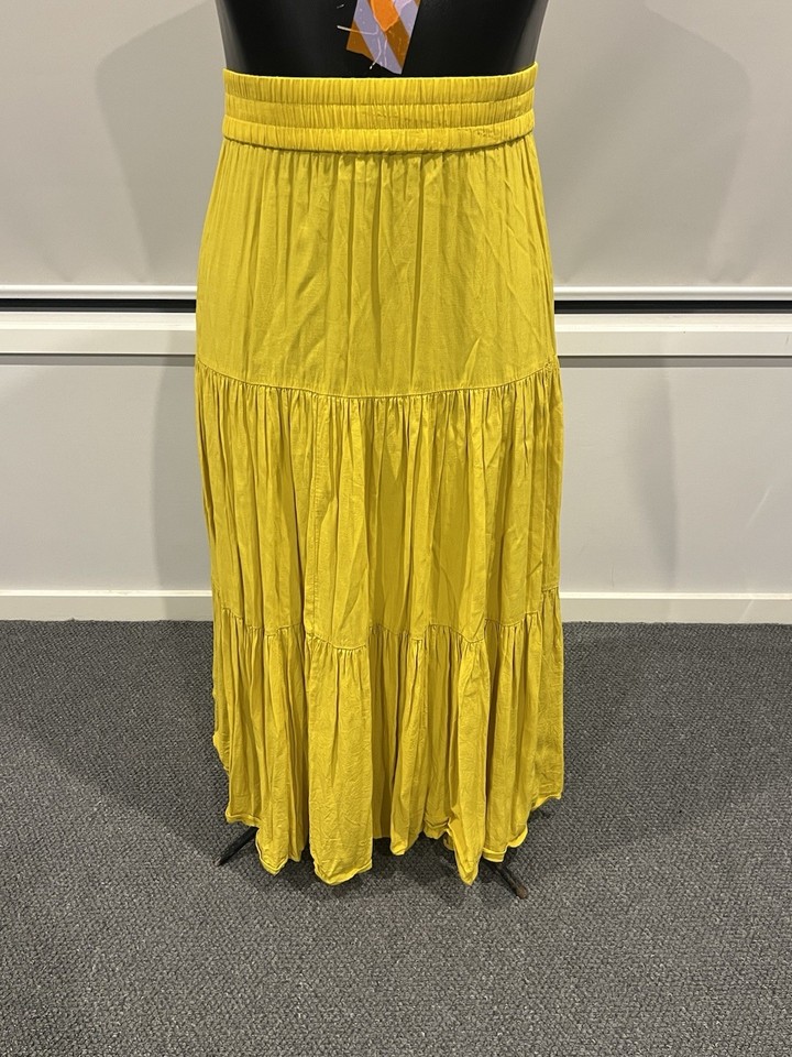 H&M Yellow Tiered Maxi Skirt Long Length Elastic Waist Size S Womens Regular