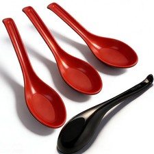 Asian Soup Spoons Set 4 Red Black Color Chinese Japanese Miso Ramen Wonton