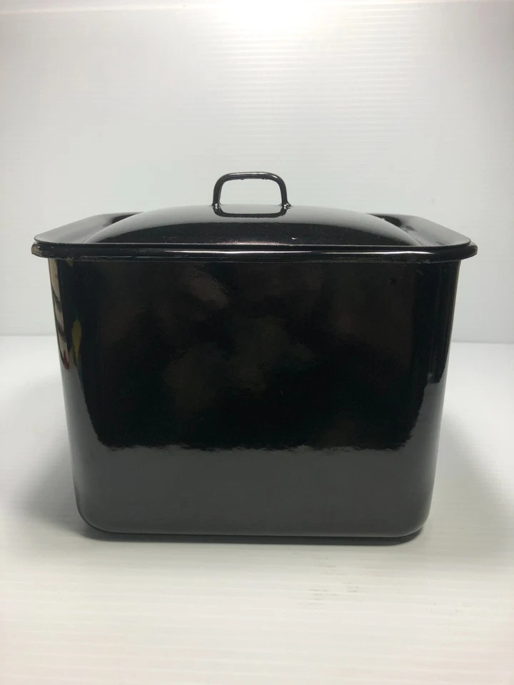 Vtg Black Enamelware Refrigerator Storage Box w/ Original Handled Lid - Image 3 of 4