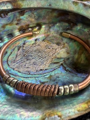 Copper Open Cuff Bangle Bracelet, Wire Wrapped Center Detail 