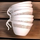 Pyrex Corelle Woodland Brown Hook Handled Coffee Cups - Vtg Set of 7 Milk Glass
