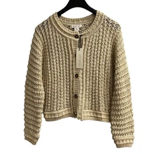 Rachel Zoe Sweater Womens S Tan Gold Metallic Open Knit Cardigan Crest Buttons