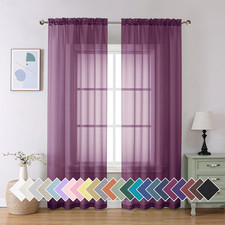 Plum Purple Sheer Curtains 84 Inches Long 2 Panels, Solid Voile Top Dual Rod Poc