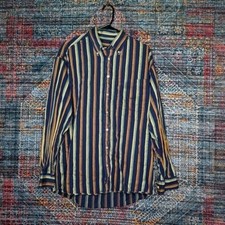 Vintage Burberry London mens navy green red beige white striped button L USA