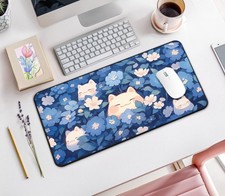 Kawaii Cats in Blue Garden Desk Mat, Large Mouse Pad Non-Slip Gaming Decor