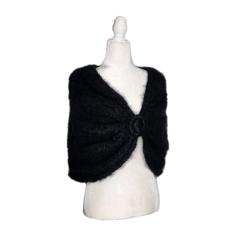 Винтажный ручной работы пушистый вязаный черный шаль caplet свитер с O кольцо Os - Изображение 2 из 4