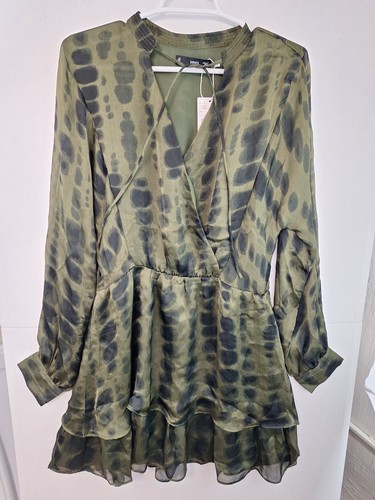 Mango MNG Women's US sz 6 Olive Long sleeve Tie Neck Mini Dress NWT