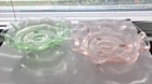 Vntg Set Pink Green Ribbon Ruffled Depression Glass Footed Serving/ Candy Dishes