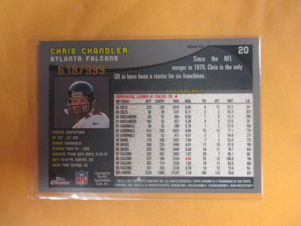 2001 topps chrome chris chandler  refractor #618/999 falcons - Image 2 of 2