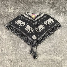 Billabong Poncho Womens Medium Grey Wool Blend Elephant Print Tassel Beach BOHO