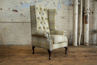 HANDMADE BEIGE MUSTARD TARTAN 100% WOOL CHESTERFIELD WING CHAIR