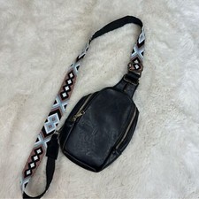 Vegan Leather Black Crossbody Sling Bag Blue Geometric Woven Strap