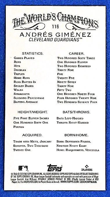 2023 ALLEN & GINTER MINI ANDRES GIMENEZ #116  BASEBALL  GUARDIANS - Image 2 of 2