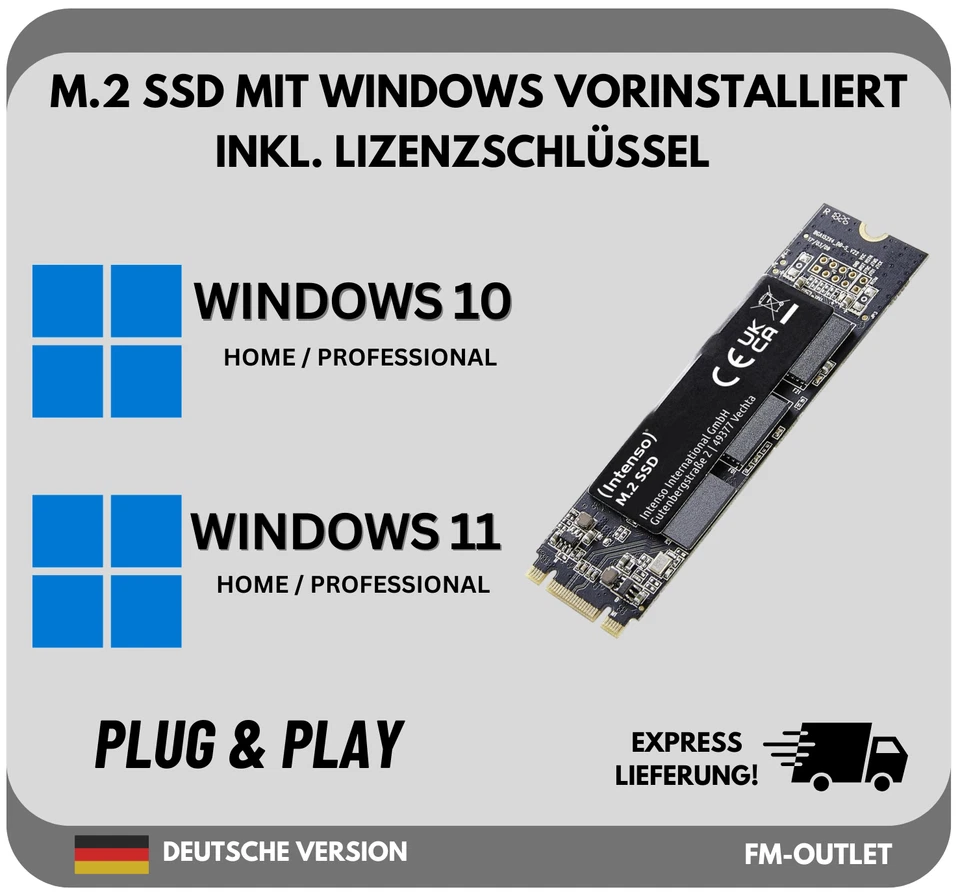 INTENSO M.2 2280 SSD Festplatte mit vorinstallierten Windows 10 Windows 11 für PC Laptop