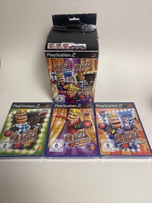 PlayStation 2- Buzz!Pop Quiz + Sports Quiz + Mega Quiz + Buzzer -Neu  OVP lesen