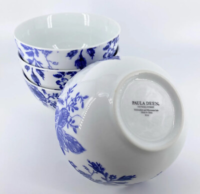 4 Paula Deen Tatnall Street Bluebell Blue Floral 5.5  Coupe Cereal Bowl EUC