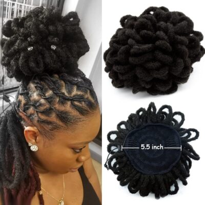 DreadLock Bun Afro High Puff Drawstring Ponytail Synthetic Faux Locs Hair Bun