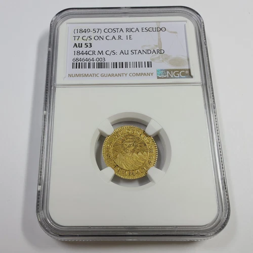 1849-57 NGC AU53 Costa Rica Gold Escudo Counter Stamped T7 C/S 1844CR M #55110A