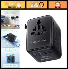 7-in-1 Universal Travel Adapter, 70W GaN Charger, Dual AC  USB-C Ports, Compact