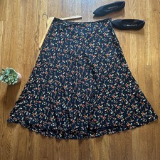 Jones New York Navy Floral 100 Silk Midi A-Line Skirt SIZE 16