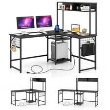 L-shaped Desk with Power Outlet Large Corner Desk Converts to 2-Person Long Desk