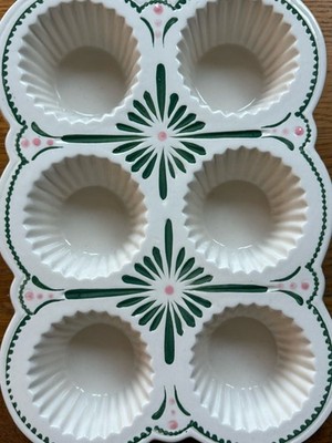 Anthropologie Maelle Ceramic Muffin Cupcake Baking Pan Green and Pink Accents