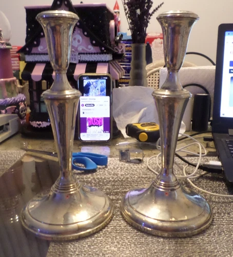 Reed and Barton Sterling Silver Weighted and Reinforced Candlesticks Pair 9-1/4"