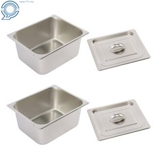 2 Count Stainless Steel Half Hotel Pans, 6" Depth, with Locking Cover