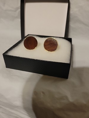 Vintage Wood Gold Toned Cufflinks Round Toggle Back Preowned 