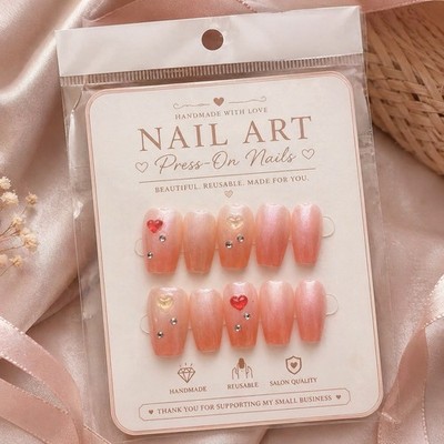Nail Art by You Press-On Nails Medium Squoval Heart Theme Pink Red Reusable