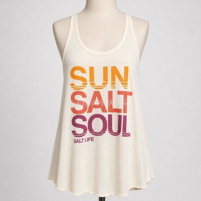 Salt Life Sun Salt Soul Graphic Tank Top Cream Racerback Keyhole Back Large