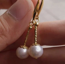 9-10MM AAA+ Cultured PERFECT Akoya white round pearl earrings 14K yellow GOLD
