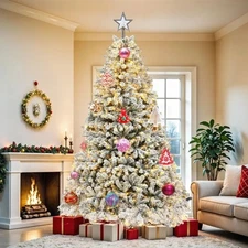 7.5FT Snow Flocked Pre-Lit Full Artificial Christmas Tree with Remote Control