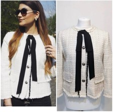 Zara Cream Bow Boucle Short Textured Tweed Blazer Jacket Size L