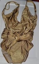 NWOT PilyQ S Metallic Gold 1PC Deep V Tie Front Swimsuit 115113