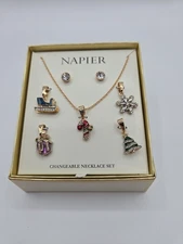 NAPIER Gold Tone 5 Pc Changeable Christmas Charm Necklace Earring Set NWT In Box