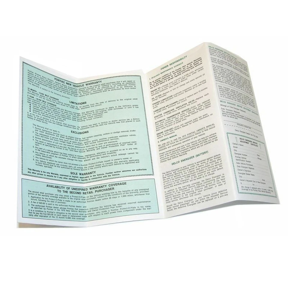 1970 庞蒂亚克 GTO,Firebird 新汽车保修卡折叠 8.5x16 1 件 — 第 2/4 张图片