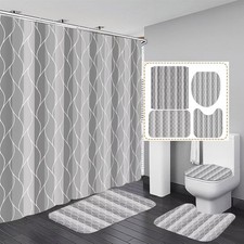 4Pcs Grey Shower Curtain Set with Rugs Stripe Bathroom Sets Geometric Wave L