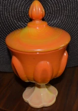 Vtg LE SMITH BITTERSWEET Slag Glass Pedestal Compote Candy Dish w/Cover ORANGE