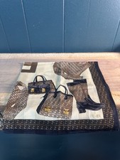 Fendi FF Logo Silk Handkerchief Bags Shoes Print Brown Vintage