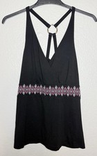 White House Black Market Embroidered Ring Detail Sleeveless V-Neck Tank Black L