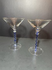 2 Cobalt Blue Spiral Swirl Stem Hand Blown Martini Glass 7 Tall Clear Cup