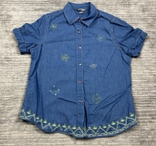 City Blues by Koret Top Womens Small Blue Chambray Denim Embroidered Button Up