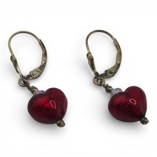 Red Heart Dangle Earrings 925 Sterling Silver Leverback 3.2g