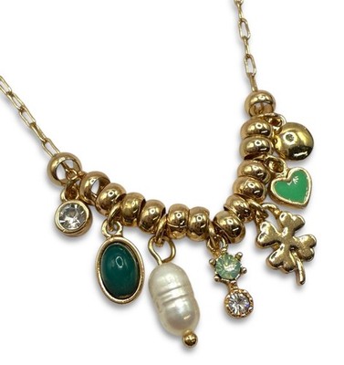 Loft Gold Tone Chain Link Necklace w Mini Charms Pendants Green Luck NWT