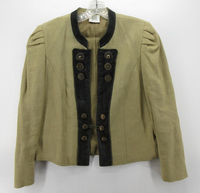 VINTAGE Madeleine Jacket Women 12 Beige Linen Button Art Leather Trim Germany