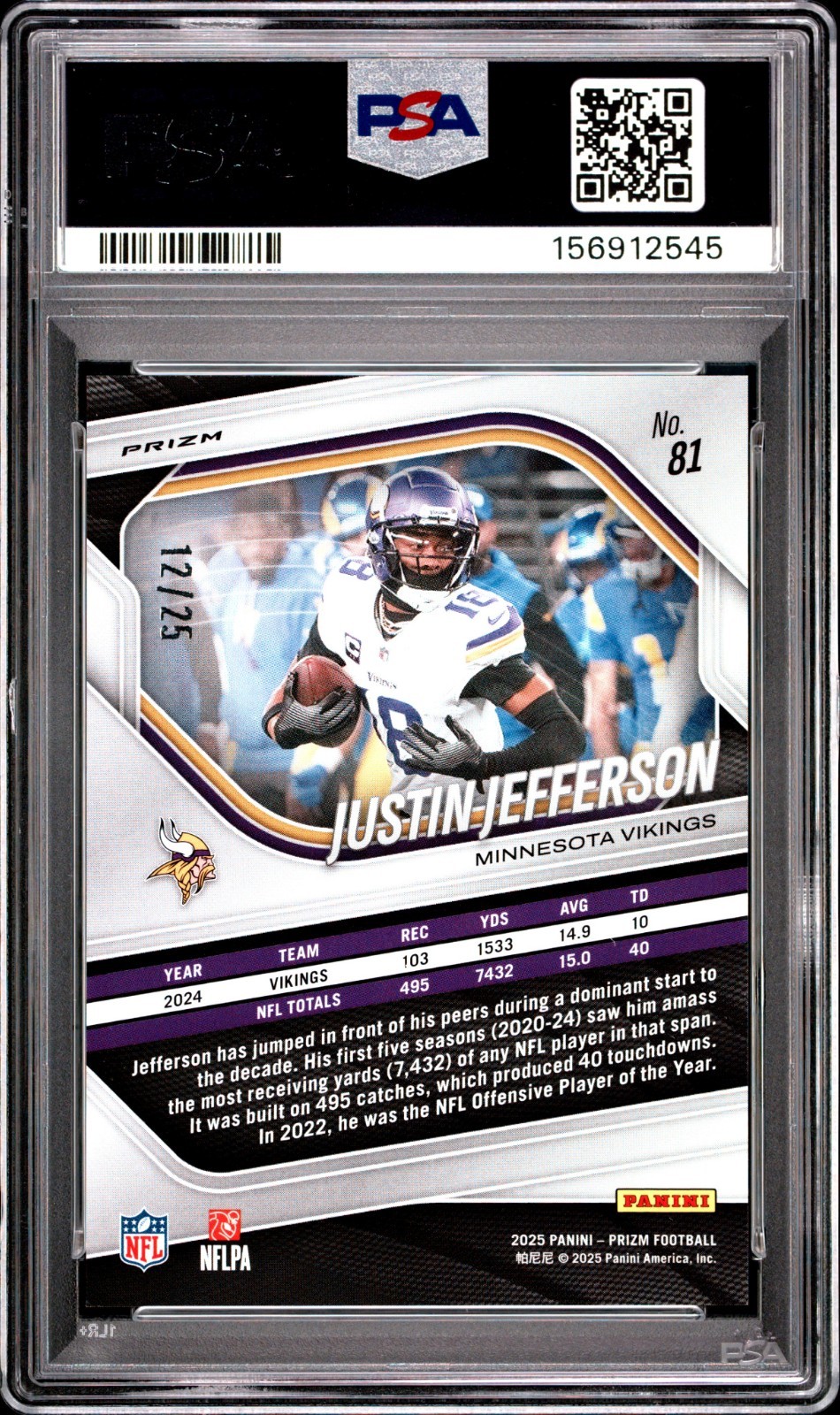 JUSTIN JEFFERSON 2025 PANINI PRIZM BLUE NAVY CAMO SP 12/25 PSA 10 GEM MINT view 2